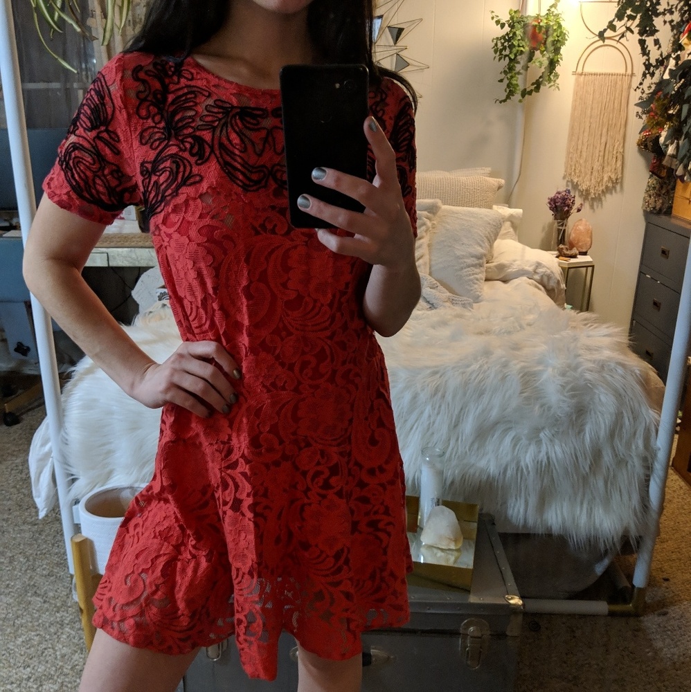 Free People Red Lace + Applique‎ Dress